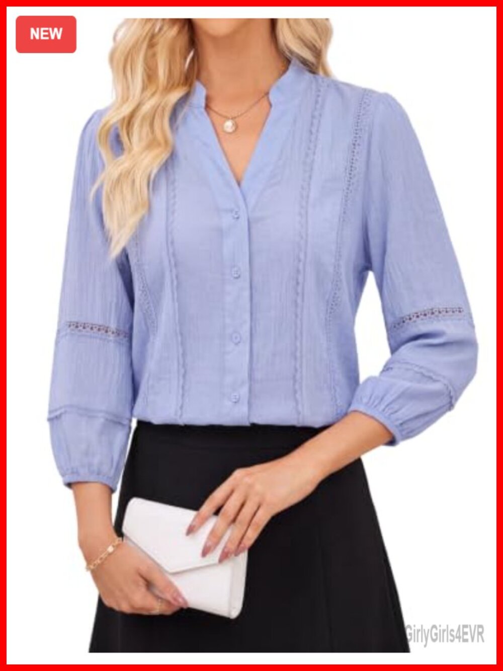 100% Cotton Lace Trim Blouse V-Neck Stand Collar Puff Sleeve Top